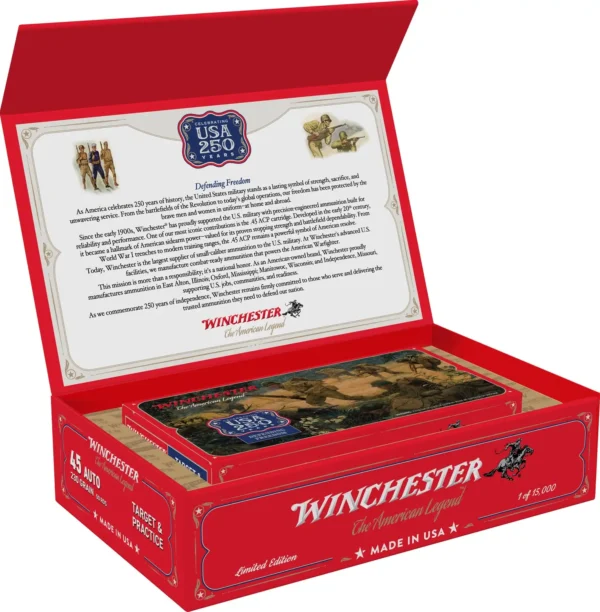 WINCHESTER USA 45ACP 230GR FMJ 250TH ANNIVERSARY 50RD/BX 6BX/CS