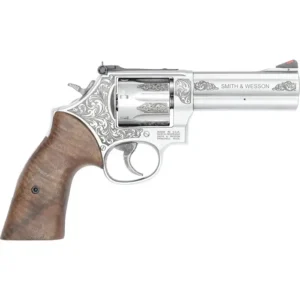 SMITH & WESSON 686 PLUS ENGRAVED STAINLESS 357MAG 4.13" WALNUT GRIP, ADJ REAR, 7RD